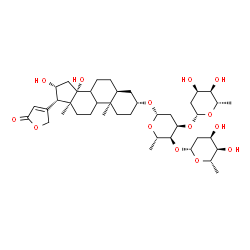 ChemSpider 2D Image | (3alpha,5alpha,8xi,9xi,10alpha,13alpha,14alpha,16alpha,17alpha)-3-{[2,6-Dideoxy-beta-L-ribo-hexopyranosyl-(1->3)-[2,6-dideoxy-beta-L-ribo-hexopyranosyl-(1->4)]-2,6-dideoxy-beta-L-ribo-hexopyranosyl]ox
y}-14,16-dihydroxycard-20(22)-enolide | C41H64O14