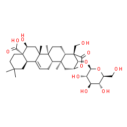 ChemSpider 2D Image | (2alpha,3alpha,5beta,8alpha,9beta,10alpha,14beta,16beta,17alpha,18alpha)-3-(beta-L-Glucopyranosyloxy)-16,23-dihydroxy-24-oxo-2,24-epoxyolean-12-en-28-oic acid | C36H54O12