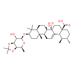 ChemSpider 2D Image | (3alpha,5beta,8alpha,9beta,10alpha,14beta,17alpha,18alpha,19alpha,20beta)-3-[(6-Deoxy-3,4-O-isopropylidene-beta-L-galactopyranosyl)oxy]urs-12-ene-27,28-dioic acid | C39H60O9