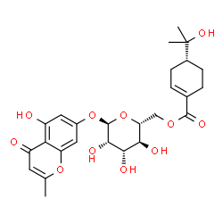 ChemSpider 2D Image | 5-Hydroxy-2-methyl-4-oxo-4H-chromen-7-yl 6-O-{[(4R)-4-(2-hydroxy-2-propanyl)-1-cyclohexen-1-yl]carbonyl}-alpha-D-mannopyranoside | C26H32O11