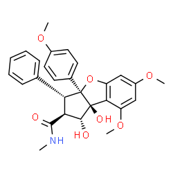ChemSpider 2D Image | (1R,2S,3R,3aS,8bS)-1,8b-Dihydroxy-6,8-dimethoxy-3a-(4-methoxyphenyl)-N-methyl-3-phenyl-2,3,3a,8b-tetrahydro-1H-benzo[b]cyclopenta[d]furan-2-carboxamide | C28H29NO7