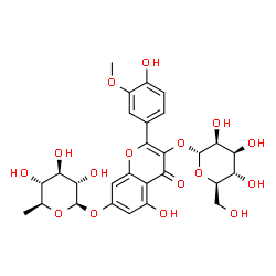 ChemSpider 2D Image | 5-Hydroxy-2-(4-hydroxy-3-methoxyphenyl)-3-(alpha-D-mannopyranosyloxy)-4-oxo-4H-chromen-7-yl 6-deoxy-beta-L-glucopyranoside | C28H32O16