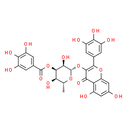 ChemSpider 2D Image | 5,7-Dihydroxy-4-oxo-2-(3,4,5-trihydroxyphenyl)-4H-chromen-3-yl 6-deoxy-3-O-(3,4,5-trihydroxybenzoyl)-beta-D-allopyranoside | C28H24O16