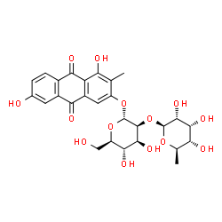 ChemSpider 2D Image | 4,7-Dihydroxy-3-methyl-9,10-dioxo-9,10-dihydro-2-anthracenyl 2-O-(6-deoxy-beta-D-allopyranosyl)-alpha-D-mannopyranoside | C27H30O14