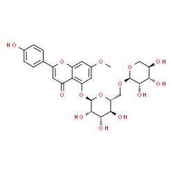 ChemSpider 2D Image | 2-(4-Hydroxyphenyl)-7-methoxy-4-oxo-4H-chromen-5-yl 6-O-alpha-D-lyxopyranosyl-alpha-D-mannopyranoside | C27H30O14
