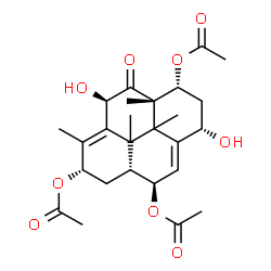 ChemSpider 2D Image | (1R,2R,3E,5S,7R,8S,10R,13S)-5,10-Dihydroxy-8,12,15,15-tetramethyl-9-oxotricyclo[9.3.1.1~4,8~]hexadeca-3,11-diene-2,7,13-triyl triacetate | C26H36O9