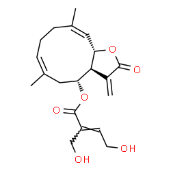 ChemSpider 2D Image | (3aS,4R,6Z,10Z,11aS)-6,10-Dimethyl-3-methylene-2-oxo-2,3,3a,4,5,8,9,11a-octahydrocyclodeca[b]furan-4-yl (2E)-4-hydroxy-2-(hydroxymethyl)-2-butenoate | C20H26O6
