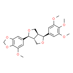 ChemSpider 2D Image | 4-Methoxy-6-[(1S,3aS,4S,6aR)-4-(3,4,5-trimethoxyphenyl)tetrahydro-1H,3H-furo[3,4-c]furan-1-yl]-1,3-benzodioxole | C23H26O8
