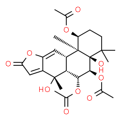 ChemSpider 2D Image | (1S,4aR,5S,6R,6aR,7S,11aS,11bS)-4a,7-Dihydroxy-4,4,7,11b-tetramethyl-9-oxo-1,2,3,4,4a,5,6,6a,7,9,11a,11b-dodecahydrophenanthro[3,2-b]furan-1,5,6-triyl triacetate | C26H34O10