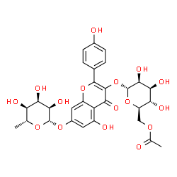 ChemSpider 2D Image | 3-[(6-O-Acetyl-alpha-D-mannopyranosyl)oxy]-5-hydroxy-2-(4-hydroxyphenyl)-4-oxo-4H-chromen-7-yl 6-deoxy-beta-D-allopyranoside | C29H32O16