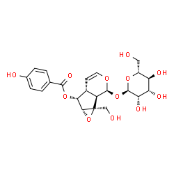 ChemSpider 2D Image | (1aS,1bR,2S,5aR,6R,6aR)-1a-(Hydroxymethyl)-2-(alpha-D-mannopyranosyloxy)-1a,1b,2,5a,6,6a-hexahydrooxireno[4,5]cyclopenta[1,2-c]pyran-6-yl 4-hydroxybenzoate | C22H26O12
