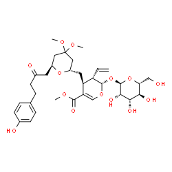 ChemSpider 2D Image | Methyl (2S,3S,4S)-4-({(2S,6S)-6-[4-(4-hydroxyphenyl)-2-oxobutyl]-4,4-dimethoxytetrahydro-2H-pyran-2-yl}methyl)-2-(alpha-D-mannopyranosyloxy)-3-vinyl-3,4-dihydro-2H-pyran-5-carboxylate | C33H46O14