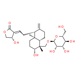 ChemSpider 2D Image | [(1R,2R,4aS,5R,8aS)-2-Hydroxy-5-{(2E)-2-[(4S)-4-hydroxy-2-oxodihydro-3(2H)-furanylidene]ethyl}-1,4a-dimethyl-6-methylenedecahydro-1-naphthalenyl]methyl alpha-D-mannopyranoside | C26H40O10