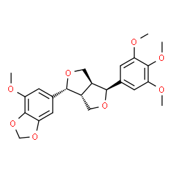 ChemSpider 2D Image | 4-Methoxy-6-[(1R,3aS,4S,6aR)-4-(3,4,5-trimethoxyphenyl)tetrahydro-1H,3H-furo[3,4-c]furan-1-yl]-1,3-benzodioxole | C23H26O8