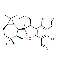 ChemSpider 2D Image | 2,4,6-Trihydroxy-5-{(1R)-1-[(1aR,4R,4aR,7S,7aR,7bS)-4-hydroxy-1,1,4,7-tetramethyldecahydro-1H-cyclopropa[e]azulen-7-yl]-3-methylbutyl}isophthalaldehyde | C28H40O6