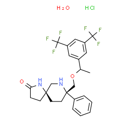 ChemSpider 2D Image | (5S,8S)-8-({1-[3,5-Bis(trifluoromethyl)phenyl]ethoxy}methyl)-8-phenyl-1,7-diazaspiro[4.5]decan-2-one hydrochloride hydrate | C25H29ClF6N2O3