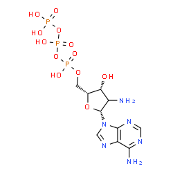 ChemSpider 2D Image | 9-[(2xi)-2-Amino-2-deoxy-5-O-(hydroxy{[hydroxy(phosphonooxy)phosphoryl]oxy}phosphoryl)-beta-D-threo-pentofuranosyl]-9H-purin-6-amine | C10H17N6O12P3
