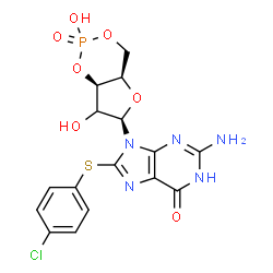 ChemSpider 2D Image | 2-Amino-8-[(4-chlorophenyl)sulfanyl]-9-[(4aR,6R,7aR)-2,7-dihydroxy-2-oxidotetrahydro-4H-furo[3,2-d][1,3,2]dioxaphosphinin-6-yl]-1,9-dihydro-6H-purin-6-one | C16H15ClN5O7PS
