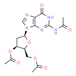 ChemSpider 2D Image | 2-Acetamido-9-(3,5-di-O-acetyl-2-deoxy-beta-L-threo-pentofuranosyl)-1,9-dihydro-6H-purin-6-one | C16H19N5O7