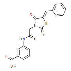 ChemSpider 2D Image | 3-({[(5Z)-5-Benzylidene-4-oxo-2-thioxo-1,3-thiazolidin-3-yl]acetyl}amino)benzoic acid | C19H14N2O4S2