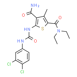ChemSpider 2D Image | 5-{[(3,4-Dichlorophenyl)carbamoyl]amino}-N~2~,N~2~-diethyl-3-methyl-2,4-thiophenedicarboxamide | C18H20Cl2N4O3S