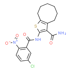 ChemSpider 2D Image | 2-[(5-Chloro-2-nitrobenzoyl)amino]-4,5,6,7,8,9-hexahydrocycloocta[b]thiophene-3-carboxamide | C18H18ClN3O4S
