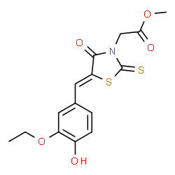 ChemSpider 2D Image | Methyl [(5Z)-5-(3-ethoxy-4-hydroxybenzylidene)-4-oxo-2-thioxo-1,3-thiazolidin-3-yl]acetate | C15H15NO5S2