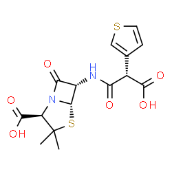 ChemSpider 2D Image | (2R,5S,6S)-6-{[(2S)-2-Carboxy-2-(3-thienyl)acetyl]amino}-3,3-dimethyl-7-oxo-4-thia-1-azabicyclo[3.2.0]heptane-2-carboxylic acid | C15H16N2O6S2