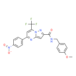 ChemSpider 2D Image | N-(4-Methoxybenzyl)-5-(4-nitrophenyl)-7-(trifluoromethyl)pyrazolo[1,5-a]pyrimidine-2-carboxamide | C22H16F3N5O4