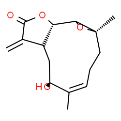 ChemSpider 2D Image | (4Z,6R,10aS)-6-Hydroxy-1a,5-dimethyl-8-methylene-2,3,6,7,7a,8,10a,10b-octahydrooxireno[9,10]cyclodeca[1,2-b]furan-9(1aH)-one | C15H20O4