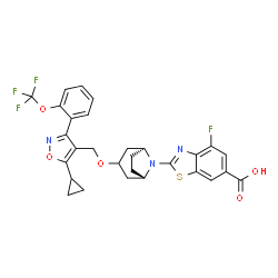 ChemSpider 2D Image | 2-[(1S,5S)-3-({5-Cyclopropyl-3-[2-(trifluoromethoxy)phenyl]-1,2-oxazol-4-yl}methoxy)-8-azabicyclo[3.2.1]oct-8-yl]-4-fluoro-1,3-benzothiazole-6-carboxylic acid | C29H25F4N3O5S