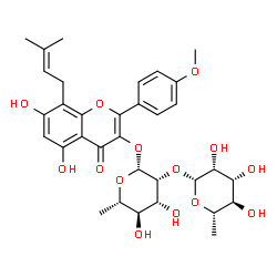 ChemSpider 2D Image | 5,7-Dihydroxy-2-(4-methoxyphenyl)-8-(3-methyl-2-buten-1-yl)-4-oxo-4H-chromen-3-yl 6-deoxy-2-O-(6-deoxy-beta-L-mannopyranosyl)-beta-L-mannopyranoside | C33H40O14