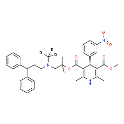 ChemSpider 2D Image | 1-{(3,3-Diphenylpropyl)[(~2~H_3_)methyl]amino}-2-methyl-2-propanyl methyl (4R)-2,6-dimethyl-4-(3-nitrophenyl)-1,4-dihydro-3,5-pyridinedicarboxylate | C36H38D3N3O6