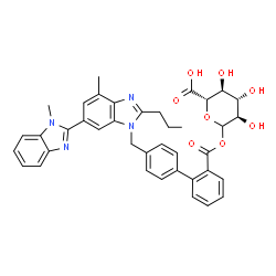 ChemSpider 2D Image | 1-O-({4'-[(1,7'-Dimethyl-2'-propyl-1H,3'H-2,5'-bibenzimidazol-3'-yl)methyl]-2-biphenylyl}carbonyl)-D-glucopyranuronic acid | C39H38N4O8