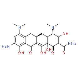 ChemSpider 2D Image | (4S,5aR)-9-Amino-4,7-bis(dimethylamino)-3,10,12,12a-tetrahydroxy-1,11-dioxo-1,4,4a,5,5a,6,11,12a-octahydro-2-tetracenecarboxamide | C23H28N4O7