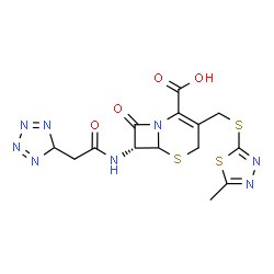ChemSpider 2D Image | (7R)-3-{[(5-Methyl-1,3,4-thiadiazol-2-yl)sulfanyl]methyl}-8-oxo-7-[(5H-tetrazol-5-ylacetyl)amino]-5-thia-1-azabicyclo[4.2.0]oct-2-ene-2-carboxylic acid | C14H14N8O4S3