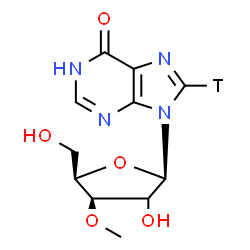 ChemSpider 2D Image | 9-[(2xi)-3-O-Methyl-beta-D-threo-pentofuranosyl](8-~3~H)-1,9-dihydro-6H-purin-6-one | C11H13TN4O5