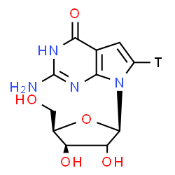 ChemSpider 2D Image | 2-Amino-7-[(2xi)-beta-D-threo-pentofuranosyl](6-~3~H)-3,7-dihydro-4H-pyrrolo[2,3-d]pyrimidin-4-one | C11H13TN4O5