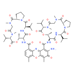 ChemSpider 2D Image | 2-Amino-N~1~-[(6S,9R,10S,13R,18aS)-6,13-diisopropyl-2,5,9-trimethyl-1,4,7,11,14-pentaoxohexadecahydro-1H-pyrrolo[2,1-i][1,4,7,10,13]oxatetraazacyclohexadecin-10-yl]-N~9~-[(6S,9R,13R,18aS)-6,13-diisopr
opyl-2,5,9-trimethyl-1,4,7,11,14-pentaoxohexadecahydro-1H-pyrrolo[2,1-i][1,4,7,10,13]oxatetraazacyclohexadecin-10-yl]-4,6-dimethyl-3-oxo-3H-phenoxazine-1,9-dicarboxamide | C62H86N12O16