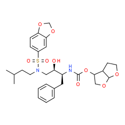 ChemSpider 2D Image | Hexahydrofuro[2,3-b]furan-3-yl {(2S,3R)-4-[(1,3-benzodioxol-5-ylsulfonyl)(3-methylbutyl)amino]-3-hydroxy-1-phenyl-2-butanyl}carbamate | C29H38N2O9S