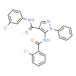ChemSpider 2D Image | 5-[(2-Chlorobenzoyl)amino]-N-(3-chlorophenyl)-1-phenyl-1H-pyrazole-4-carboxamide | C23H16Cl2N4O2
