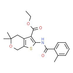ChemSpider 2D Image | Ethyl 5,5-dimethyl-2-[(2-methylbenzoyl)amino]-4,7-dihydro-5H-thieno[2,3-c]pyran-3-carboxylate | C20H23NO4S