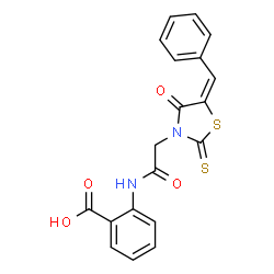 ChemSpider 2D Image | 2-({[(5E)-5-Benzylidene-4-oxo-2-thioxo-1,3-thiazolidin-3-yl]acetyl}amino)benzoic acid | C19H14N2O4S2