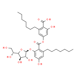 ChemSpider 2D Image | 2-Heptyl-4-({2-heptyl-6-[(4xi)-beta-D-xylo-hexofuranosyloxy]-4-hydroxybenzoyl}oxy)-6-hydroxybenzoic acid | C34H48O12