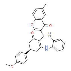 ChemSpider 2D Image | (3R,11R)-3-(4-Methoxyphenyl)-11-(6-methyl-4-oxo-4H-chromen-3-yl)-2,3,4,5,10,11-hexahydro-1H-dibenzo[b,e][1,4]diazepin-1-one | C30H26N2O4