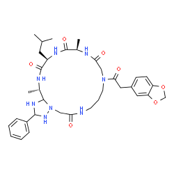 ChemSpider 2D Image | (15R,18R,21S)-11-(1,3-Benzodioxol-5-ylacetyl)-18-isobutyl-15,21-dimethyl-2-phenyltetradecahydro-1H-[1,2,4]triazolo[1,5-d][1,4,7,10,13,16]hexaazacyclononadecine-6,13,16,19(5H,20H)-tetrone | C35H48N8O7