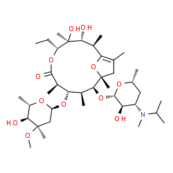 ChemSpider 2D Image | (2R,3R,4S,5R,8R,9S,10S,11S,12R)-5-Ethyl-3,4-dihydroxy-11-({(2S,3R,4S,6R)-3-hydroxy-4-[isopropyl(methyl)amino]-6-methyltetrahydro-2H-pyran-2-yl}oxy)-9-{[(2R,4R,5S,6S)-5-hydroxy-4-methoxy-4,6-dimethylte
trahydro-2H-pyran-2-yl]oxy}-2,4,8,10,12,14-hexamethyl-6,15-dioxabicyclo[10.2.1]pentadec-1(14)-en-7-one (non-preferred name) | C39H69NO12