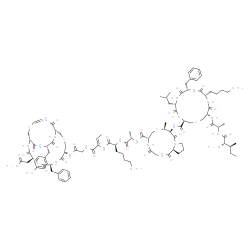 ChemSpider 2D Image | N-({(6R,9S,10S,15aS)-10-[({(3R,6S,9S,12S,15S)-12-(4-Aminobutyl)-9-benzyl-6-isobutyl-15-[(L-isoleucyl-L-alanyl)amino]-5,8,11,14-tetraoxo-1-thia-4,7,10,13-tetraazacyclohexadecan-3-yl}carbonyl)amino]-9-m
ethyl-1,4,11-trioxododecahydro-1H,9H-pyrrolo[2,1-i][1,4,7,10]thiatriazacyclotridecin-6-yl}carbonyl)-L-alanyl-N-{(2Z)-1-[(2-{[(1S,4S,7S,10S,14R,17Z,23S)-4-(2-amino-2-oxoethyl)-7-benzyl-23-(4-hydroxyben
zyl)-3,6,9,15,21,24-hexaoxo-12,19-dithia-2,5,8,16,22,25-hexaazabicyclo[12.6.5]pentacos-17-en-10-yl]amino}-2-oxoethyl)amino]-1-oxo-2-buten-2-yl}-L-lysinamide | C98H141N25O23S4