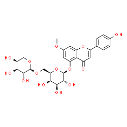 ChemSpider 2D Image | 2-(4-Hydroxyphenyl)-7-methoxy-4-oxo-4H-chromen-5-yl 6-O-alpha-L-arabinopyranosyl-beta-D-galactopyranoside | C27H30O14