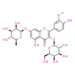 ChemSpider 2D Image | 7-[(6-Deoxy-beta-L-mannopyranosyl)oxy]-5-hydroxy-2-(4-hydroxy-3-methoxyphenyl)-4-oxo-4H-chromen-3-yl beta-D-galactopyranoside | C28H32O16